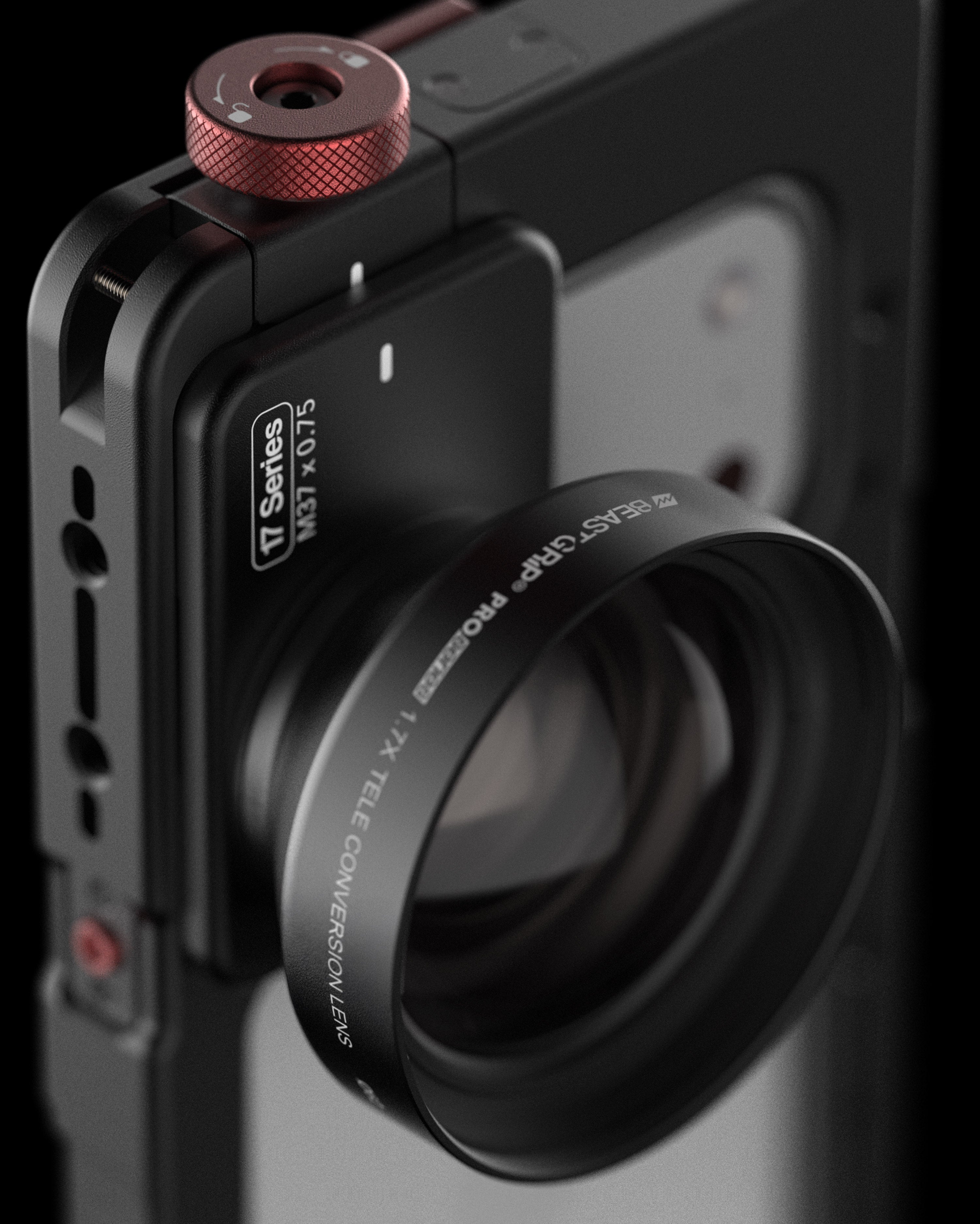 Beastcage 17 iPhone filmmaking cage paired with Beastgrip 1.7x telephoto lens, close-up product shot