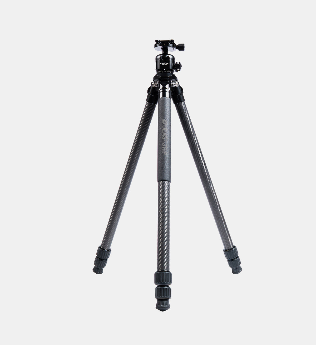 Front-view studio product shot of the Beastgrip BT-200 carbon fiber tripod standing with its three legs spread apart and telescopic leg sections fully retracted, showcasing its compact setup.