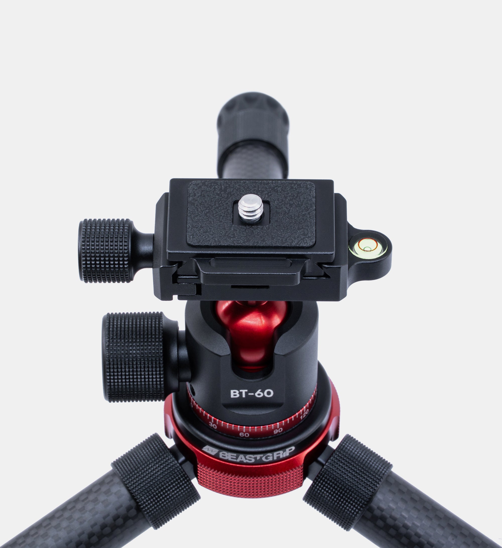 Close-up of Beastgrip BT-60 tripod ball head with Arca-Swiss style quick-release plate for iPhone and Android filmmaking and photography