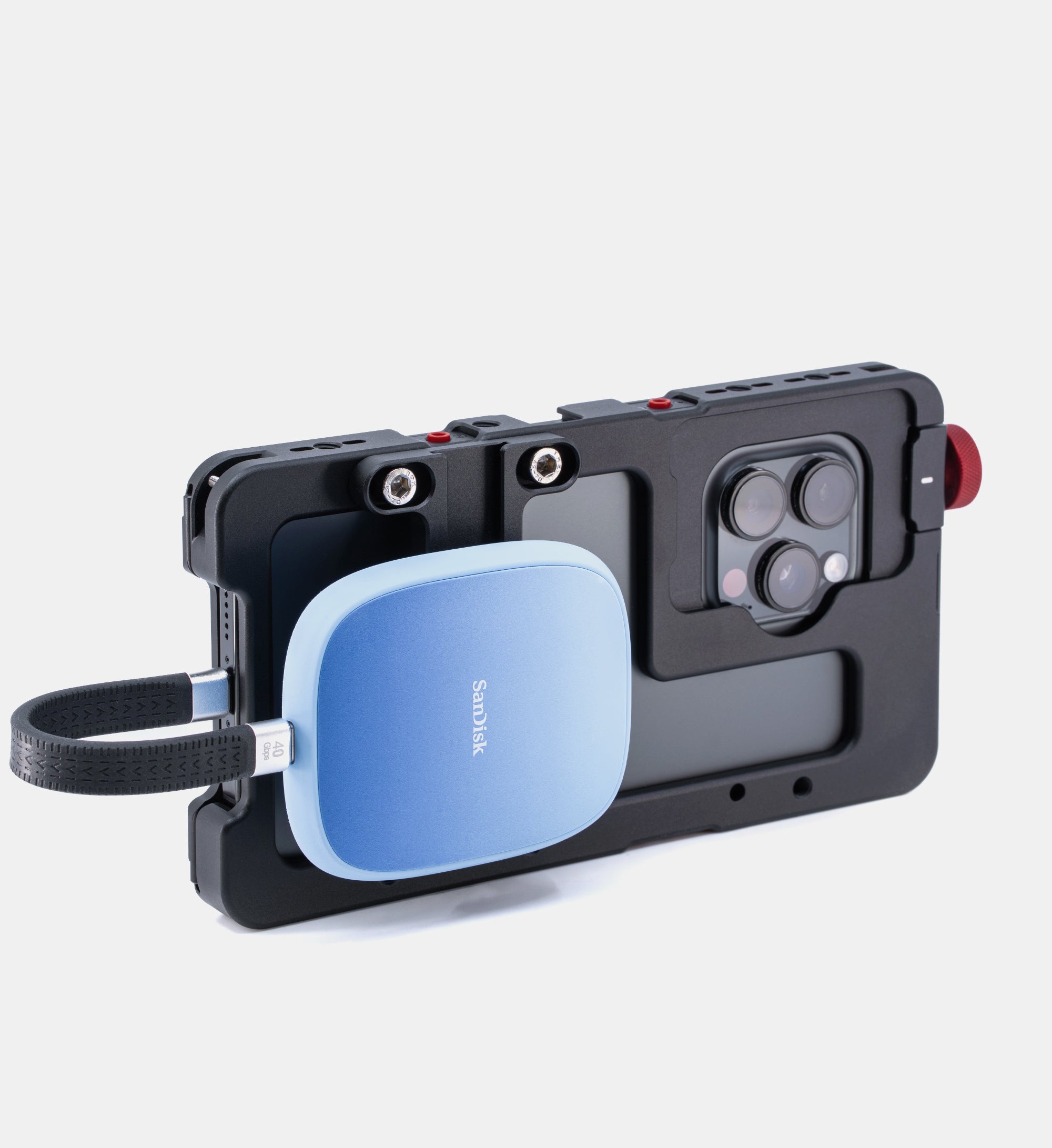 Studio shot of SanDisk MagSafe SSD drive attached to Beastgrip Magnetic Mount with T-Bracket on Beastcage for iPhone