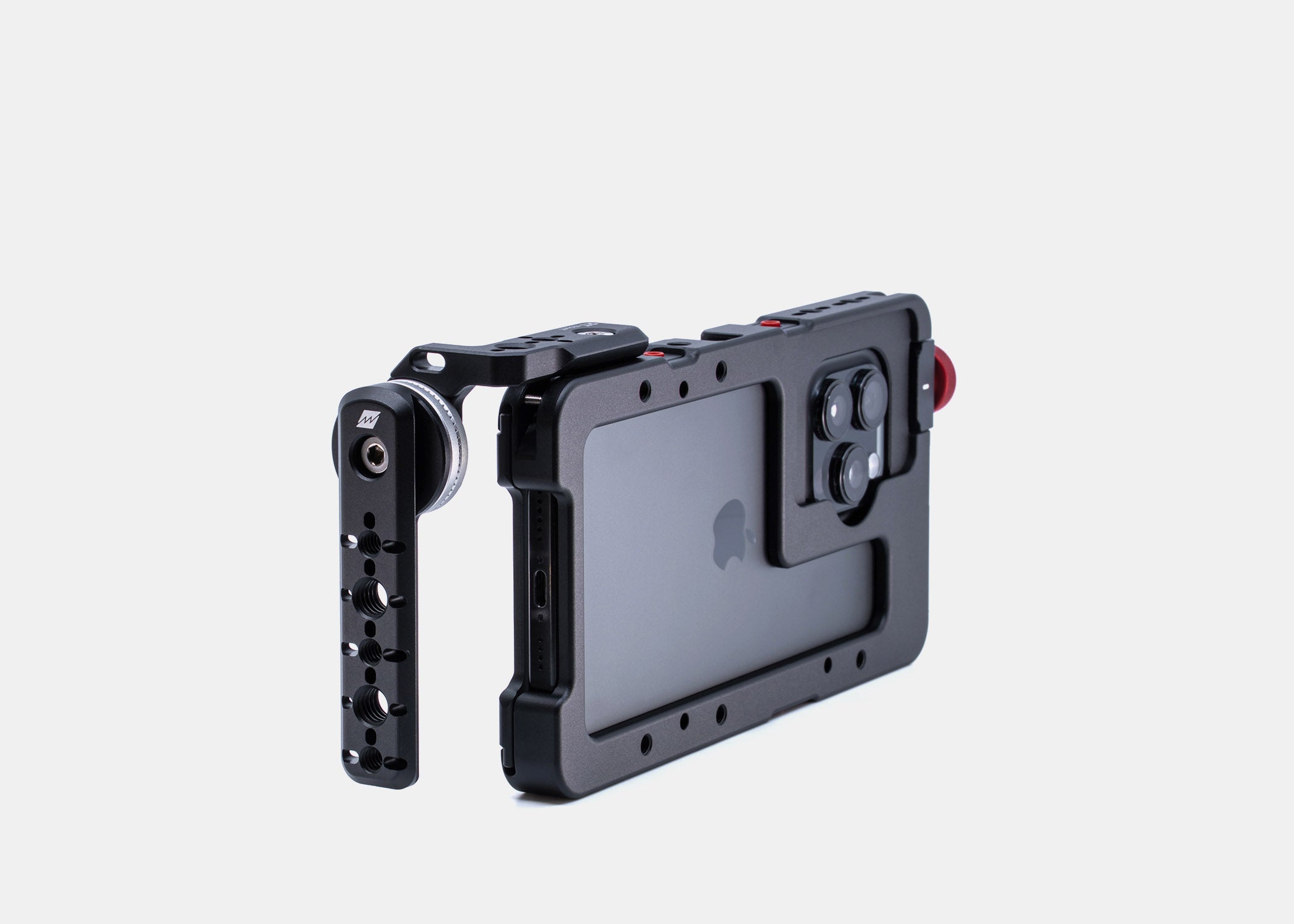 Studio shot of Beastgrip RT Mount attached to the top of the Beastcage for iPhone 16 Pro or 16 Pro Max, facing the back side — compatible with handles using NATO rail or ARRI rosette for flexible mounting options.