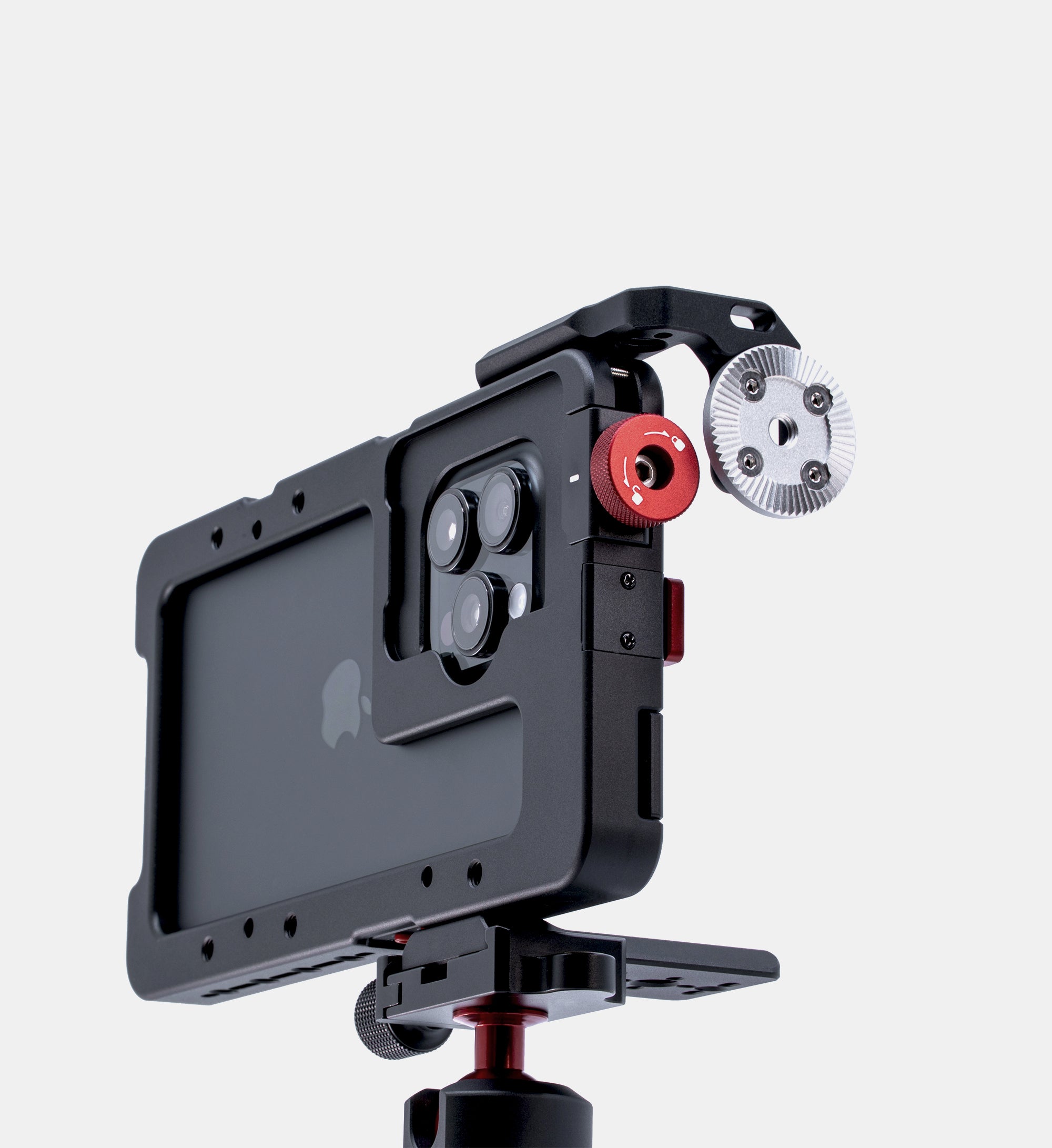 Beastgrip LT Mount attached to Beastcage 16 Pro Max with NATO rail removed, exposing ARRI rosette mount — versatile rigging option for professional iPhone filmmaking setups.