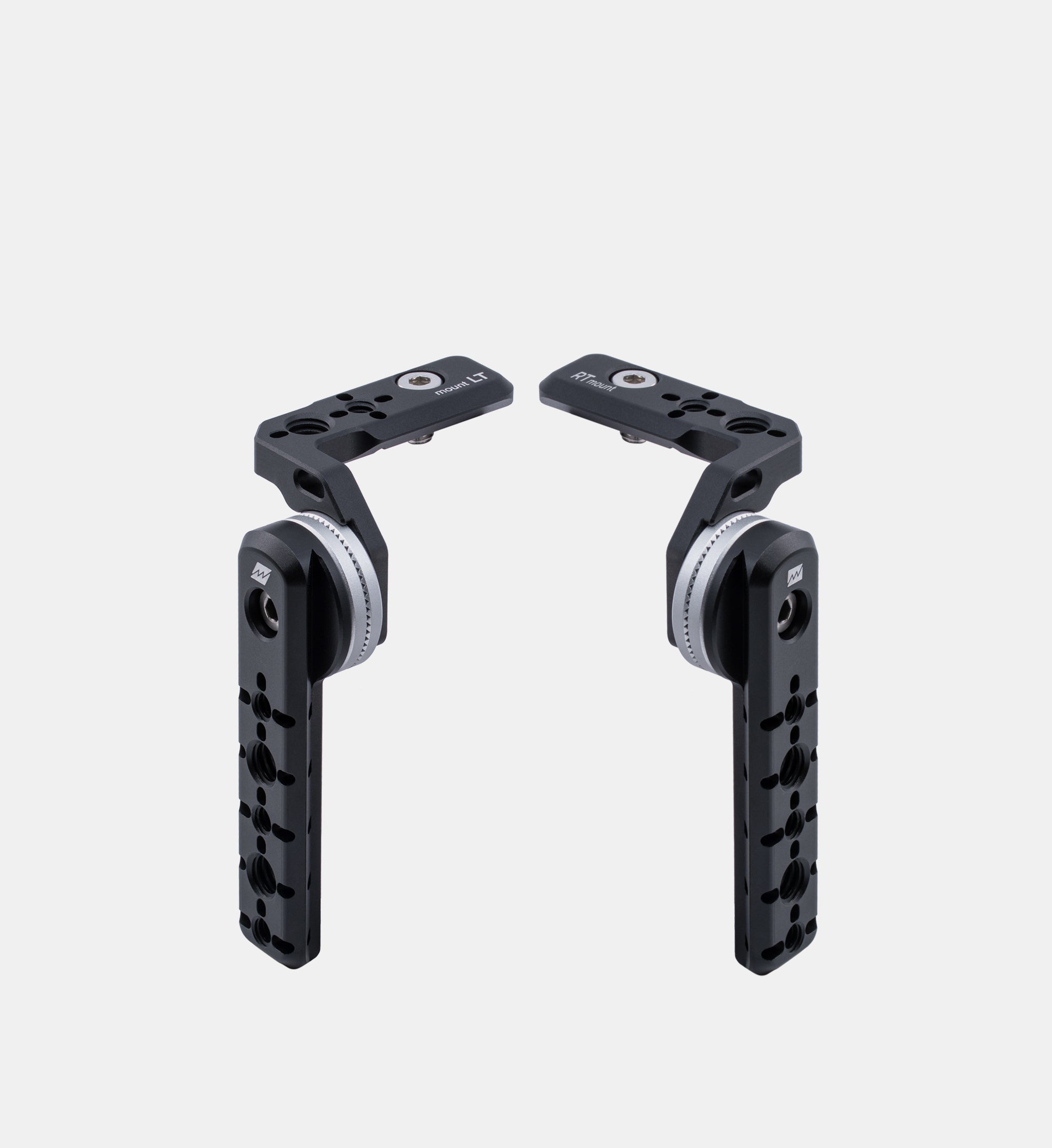 Studio shot of Beastgrip RT and LT Mounts — modular aluminum handle mounts designed for Beastcage 16 Series and future iPhone cages, compatible with NATO rails and ARRI rosette accessories.