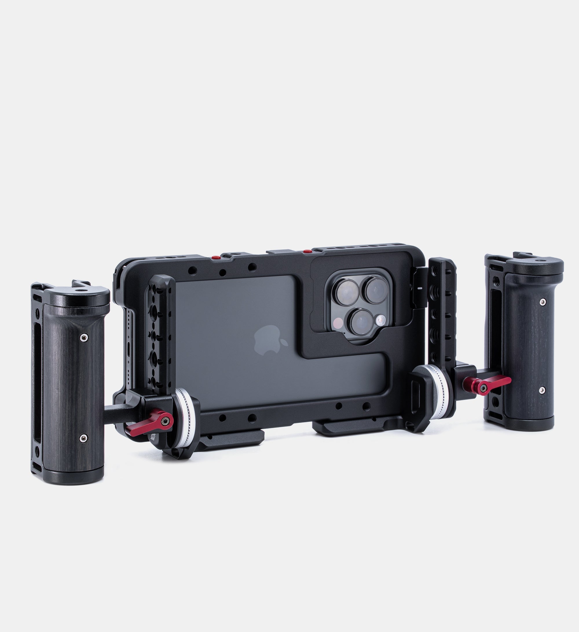 Beastgrip RT and LT Mounts attached to bottom of Beastcage for iPhone 16 Pro or 16 Pro Max with two Beastgrip side handles mounted via NATO rails — front-facing dual-handle setup for stable and ergonomic mobile video shooting.