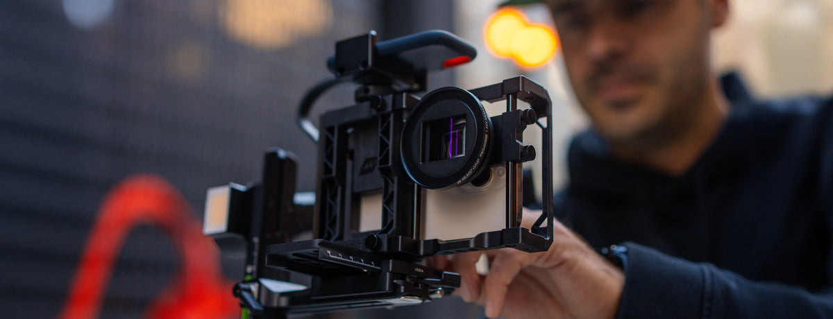 Beastgrip Pro Universal smartphone camera rig with anamorphic lens and ssd mounted on gimbal