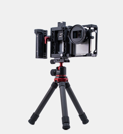 Beastgrip BT-60 tripod setup with universal Beastgrip Pro rig, anamorphic lens, and side handle for iPhone and Android filmmaking and photography