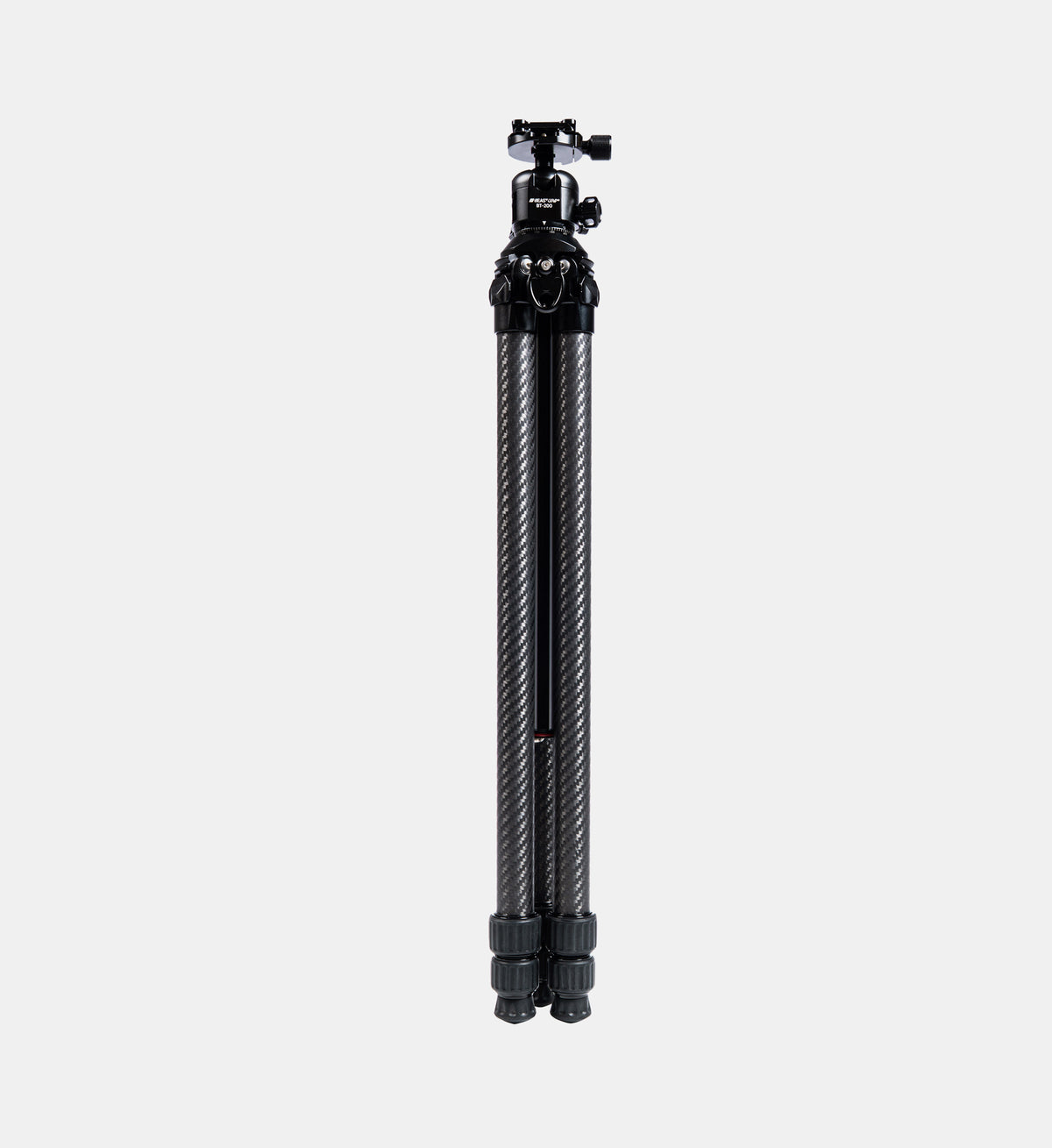 Front-view studio product shot of the Beastgrip BT-200 carbon fiber tripod fully folded into its compact position for easy storage and transportation.