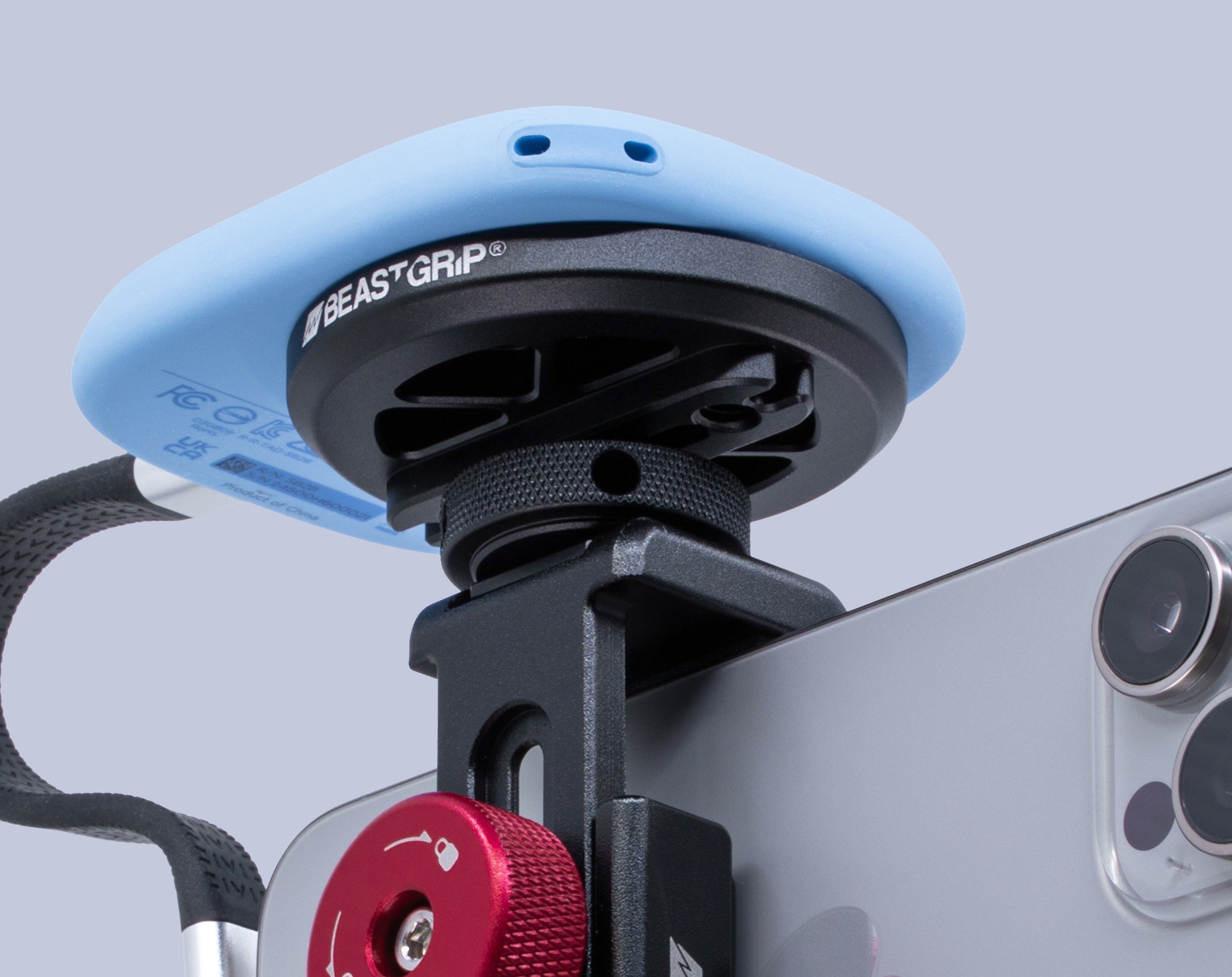 View of SanDisk MagSafe SSD drive attached to Beastgrip Magnetic Mount on Beastclamp for iPhone.