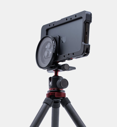 Beastcage 16 Series rig with Beastgrip Quick Release Plate on BT-60 mini tripod, featuring 77mm Black Mist filter mounted via Beastgrip filter adapter — mobile video rig optimized for cinematic image quality.