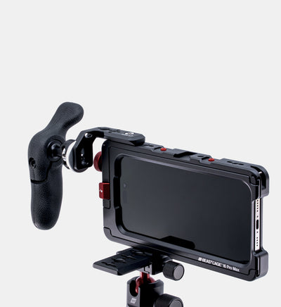 Beastgrip LT Mount with side handle attached via ARRI rosette on left side of Beastcage 16 Pro Max — modular iPhone rig setup for stable handheld video shooting