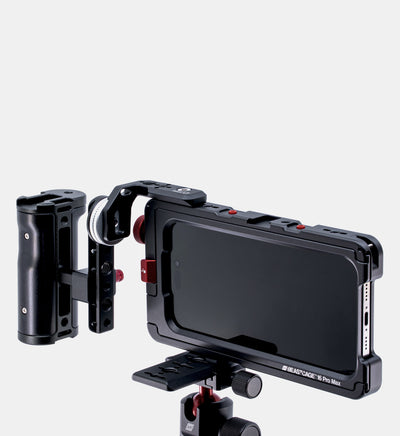 Beastgrip LT Mount with Beastgrip side handle attached to Beastcage 16 Pro Max — professional iPhone rig setup on tripod for mobile video production.