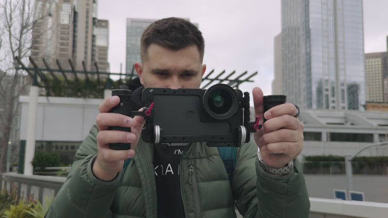 Video showcasing new RT and LT mounts with Beastcage in iPhone filmmaking scenarios — demonstrating handle setup options for cinematic mobile rig customization