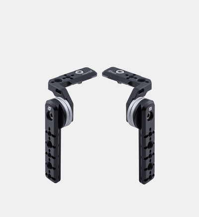 Studio shot of Beastgrip RT and LT Mounts — modular aluminum handle mounts designed for Beastcage 16 Series and future iPhone cages, compatible with NATO rails and ARRI rosette accessories.